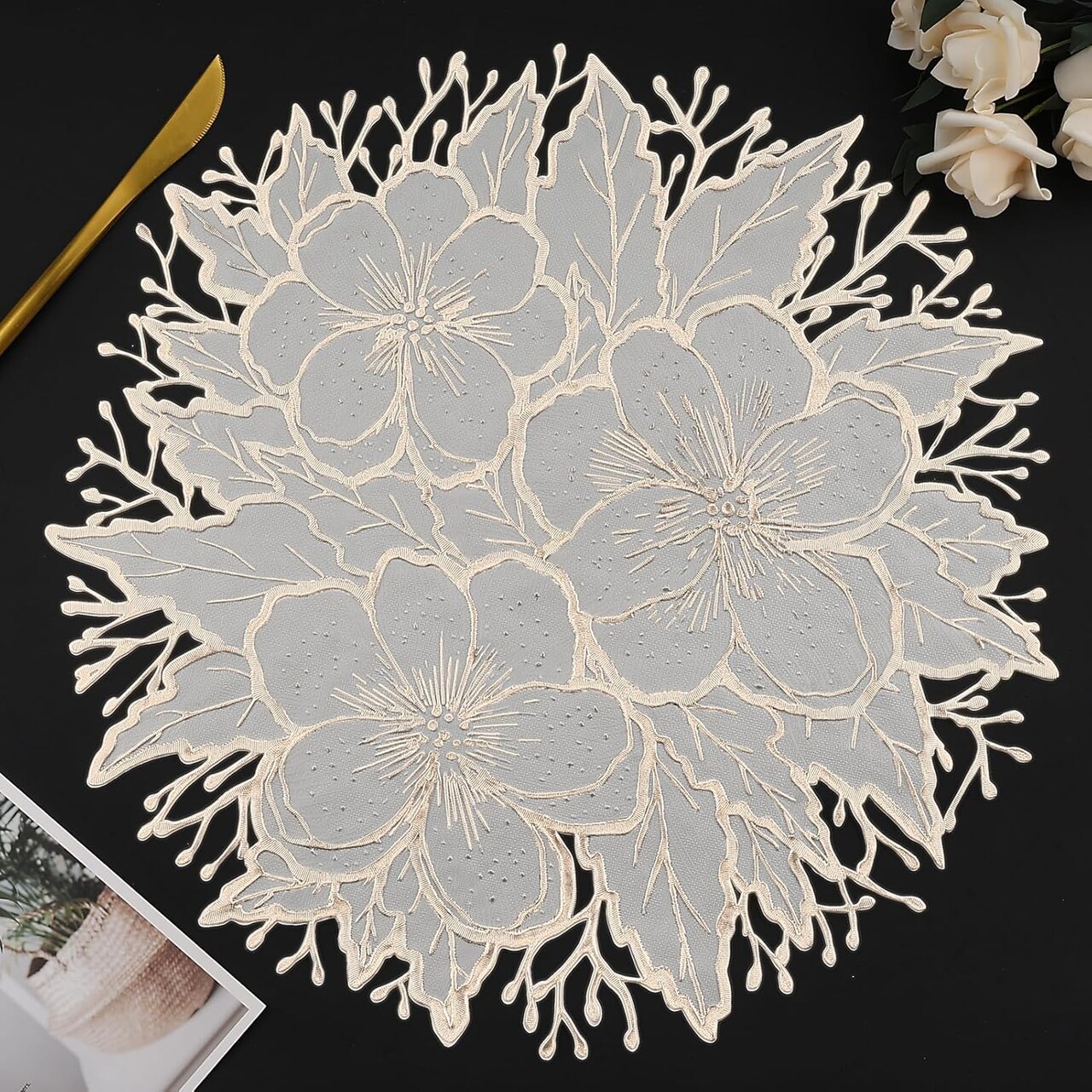 Placemats Set of 6, Gold White Place Mats Pressed Plum Flowers Vinyl Round Table Mats Washable
